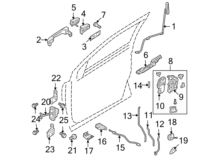 Diagram FRONT DOOR. LOCK & HARDWARE. for your Ford