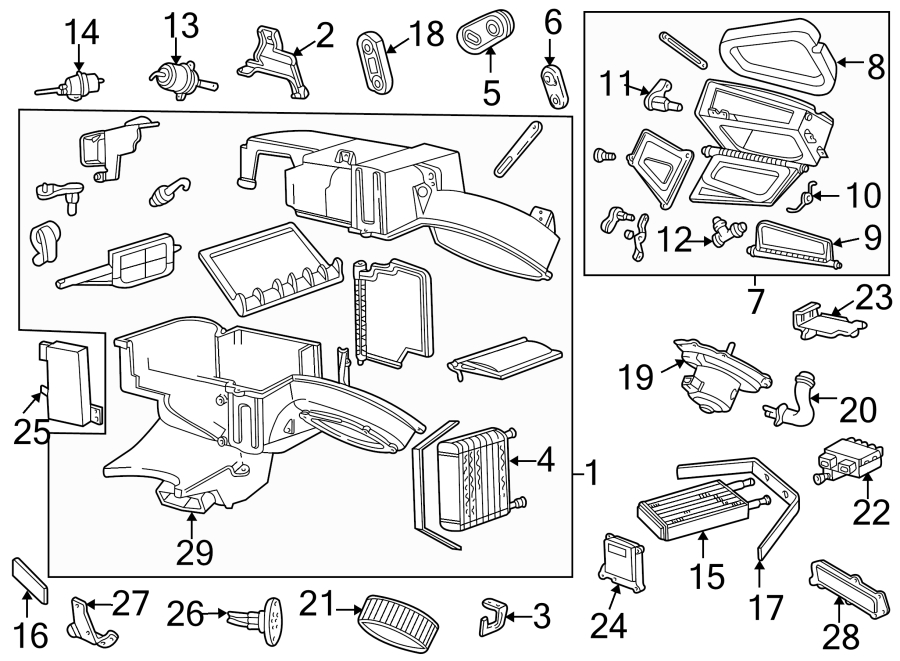 Diagram AIR CONDITIONER & HEATER. EVAPORATOR & HEATER COMPONENTS. for your Ford