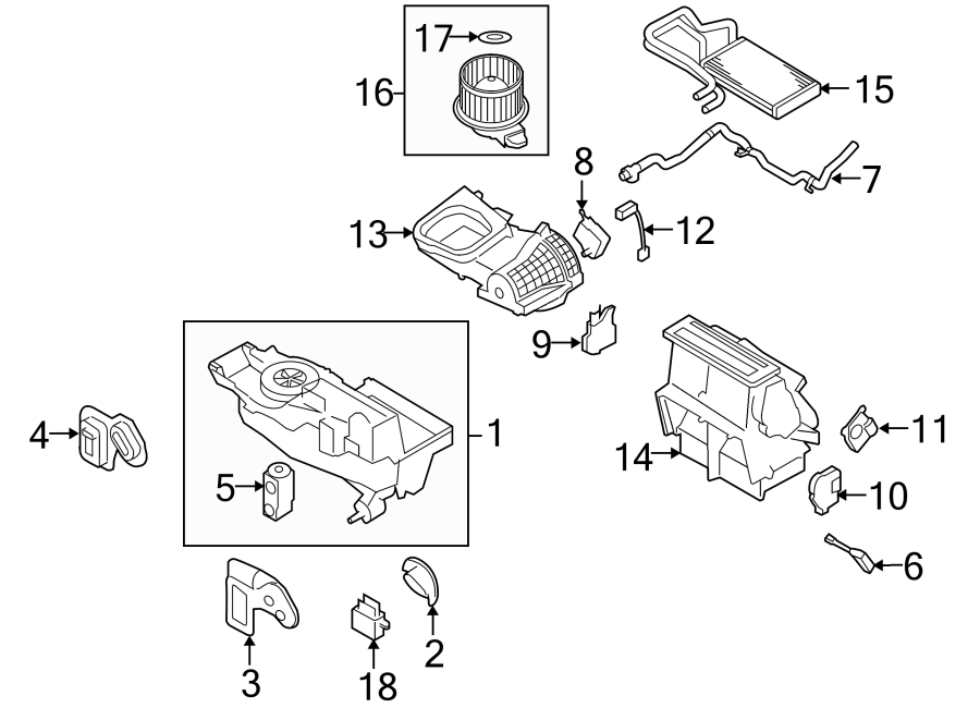 Diagram AIR CONDITIONER & HEATER. EVAPORATOR & HEATER COMPONENTS. for your Ford