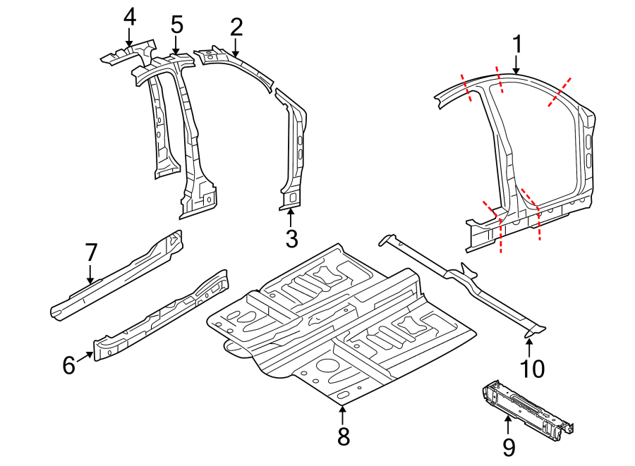 Diagram PILLARS. ROCKER & FLOOR. APERTURE PANEL. CENTER PILLAR & ROCKER. HINGE PILLAR. for your 2021 Ford Transit-350  PTV Standard Cargo Van 