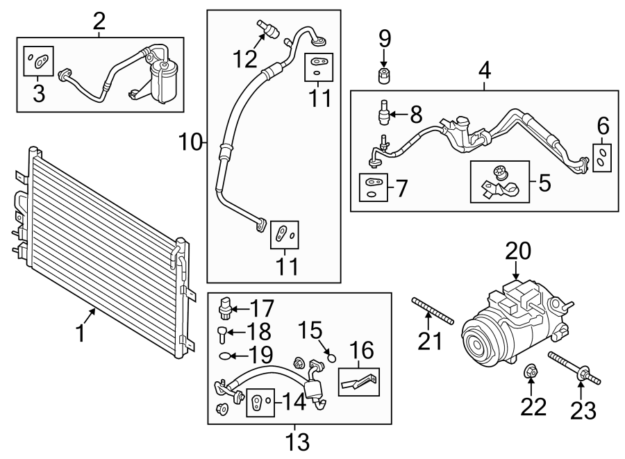 Diagram Air conditioner & heater. Compressor & lines. Condenser. for your 2020 Ford Edge   