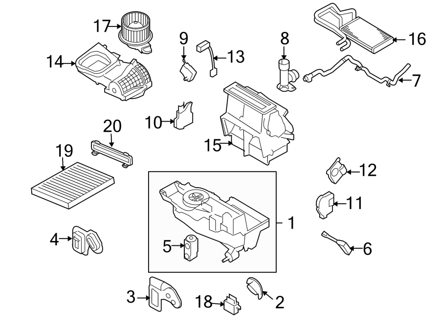 Diagram AIR CONDITIONER & HEATER. EVAPORATOR & HEATER COMPONENTS. for your 2020 Ford Expedition   