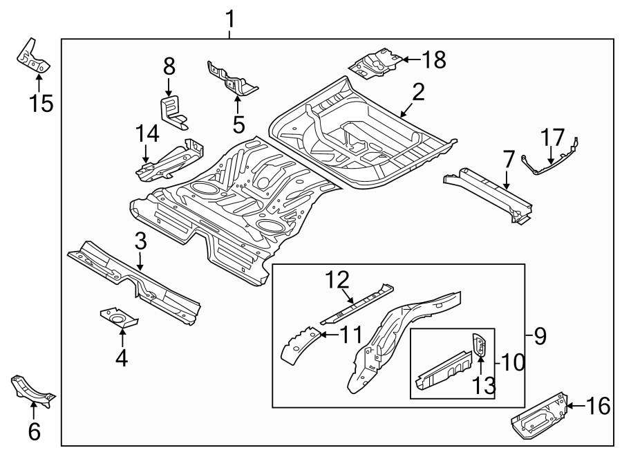 Diagram REAR BODY & FLOOR. REAR FLOOR & RAILS. for your 2015 Lincoln MKZ Black Label Sedan  