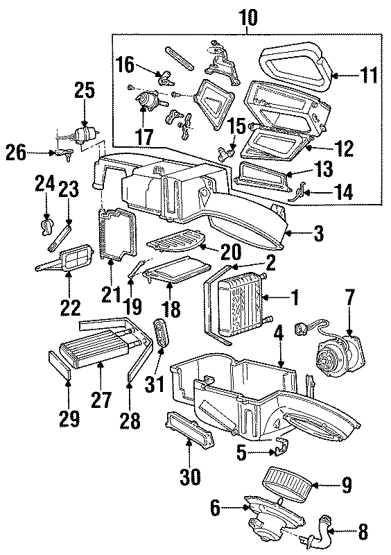 Diagram AIR CONDITIONER & HEATER. EVAPORATOR & HEATER COMPONENTS. for your 1989 Ford F-250 5.0L V8 M/T 4WD XLT Lariat Extended Cab Pickup Fleetside 