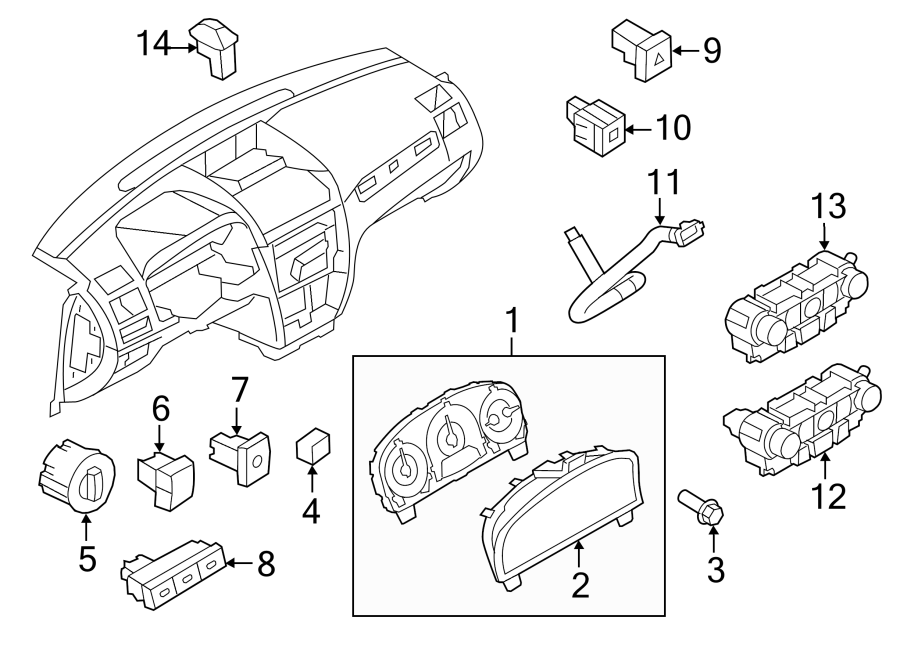 Diagram INSTRUMENT PANEL. CLUSTER & SWITCHES. for your 2023 Ford Mustang Mach-E  California Route 1 Sport Utility 