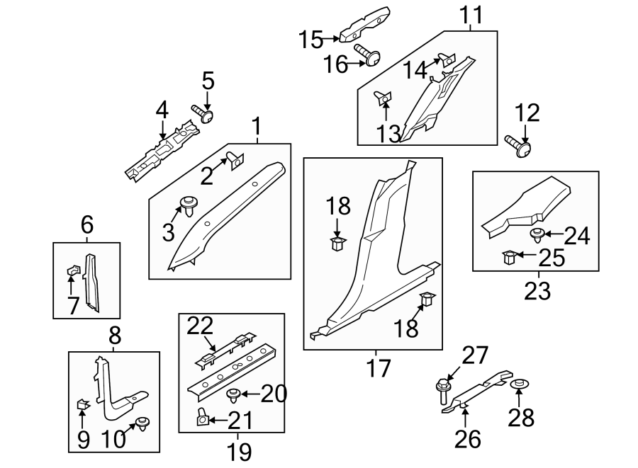 PILLARS. ROCKER & FLOOR. INTERIOR TRIM. Diagram