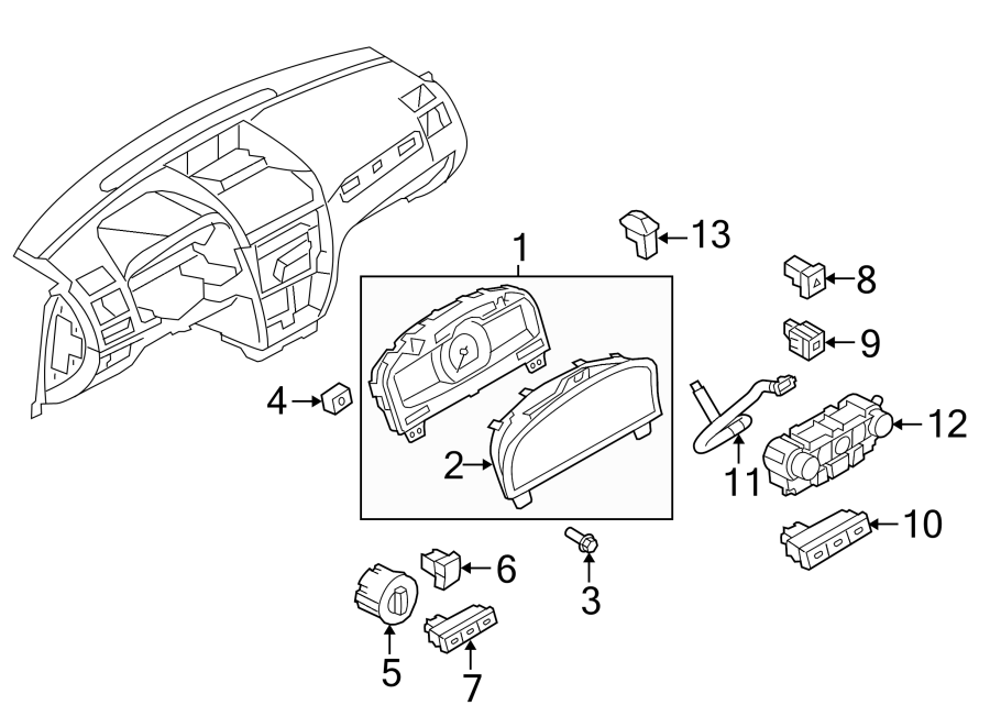 Diagram Instrument panel. Cluster & switches. for your 2023 Ford Mustang Mach-E  California Route 1 Sport Utility 