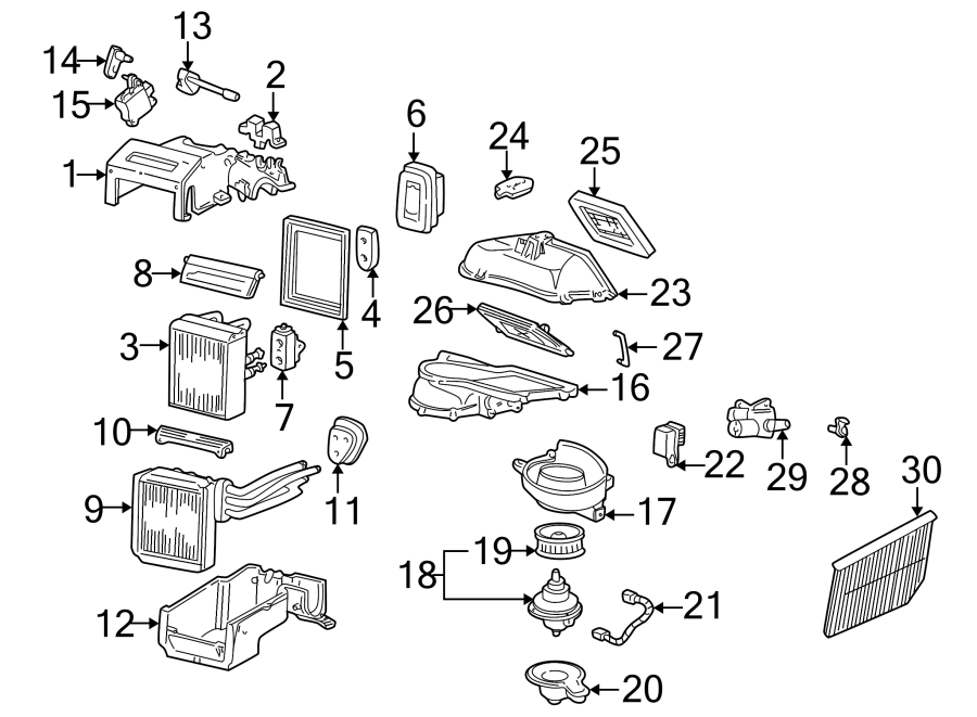 Diagram AIR CONDITIONER & HEATER. EVAPORATOR & HEATER COMPONENTS. for your Ford Expedition  