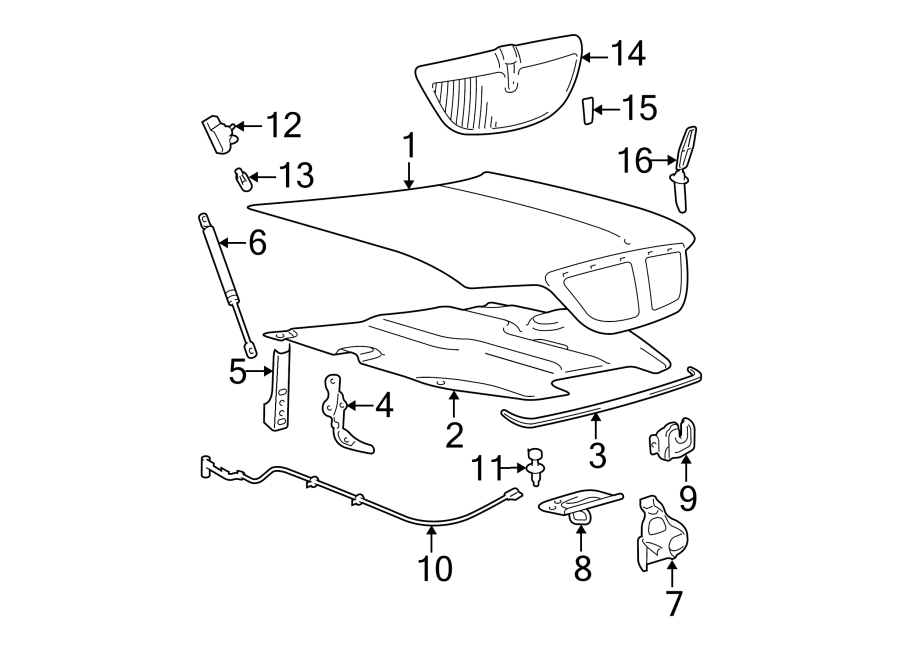 Diagram HOOD & GRILLE. EXTERIOR TRIM. GRILLE & COMPONENTS. HOOD & COMPONENTS. for your 2004 Ford F-150 4.6L Triton (Romeo) V8 A/T RWD STX Standard Cab Pickup Stepside 