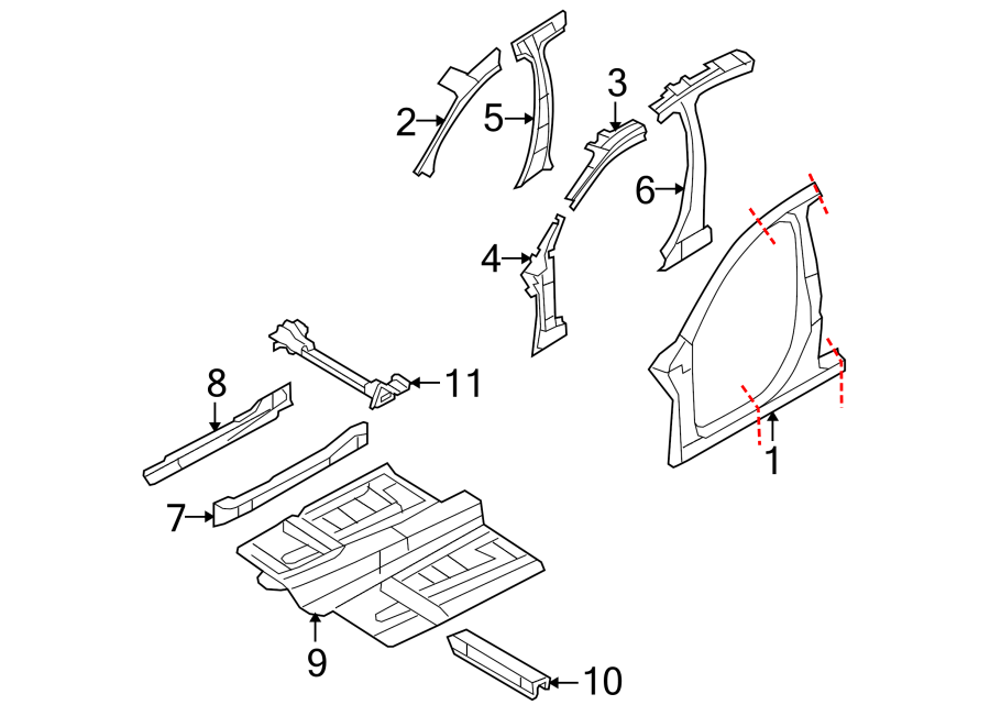 Diagram PILLARS. ROCKER & FLOOR. APERTURE PANEL. CENTER PILLAR & ROCKER. HINGE PILLAR. for your 2021 Ford Transit-350  PTV Standard Cargo Van 