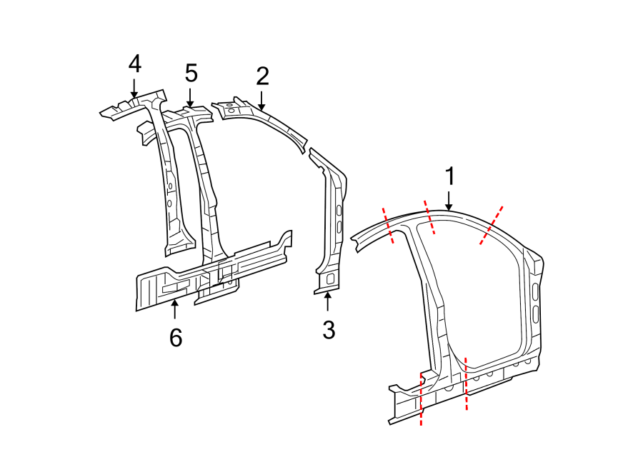 Diagram PILLARS. ROCKER & FLOOR. CENTER PILLAR & ROCKER. HINGE PILLAR. UNISIDE. for your 2021 Ford Transit-350  PTV Standard Cargo Van 