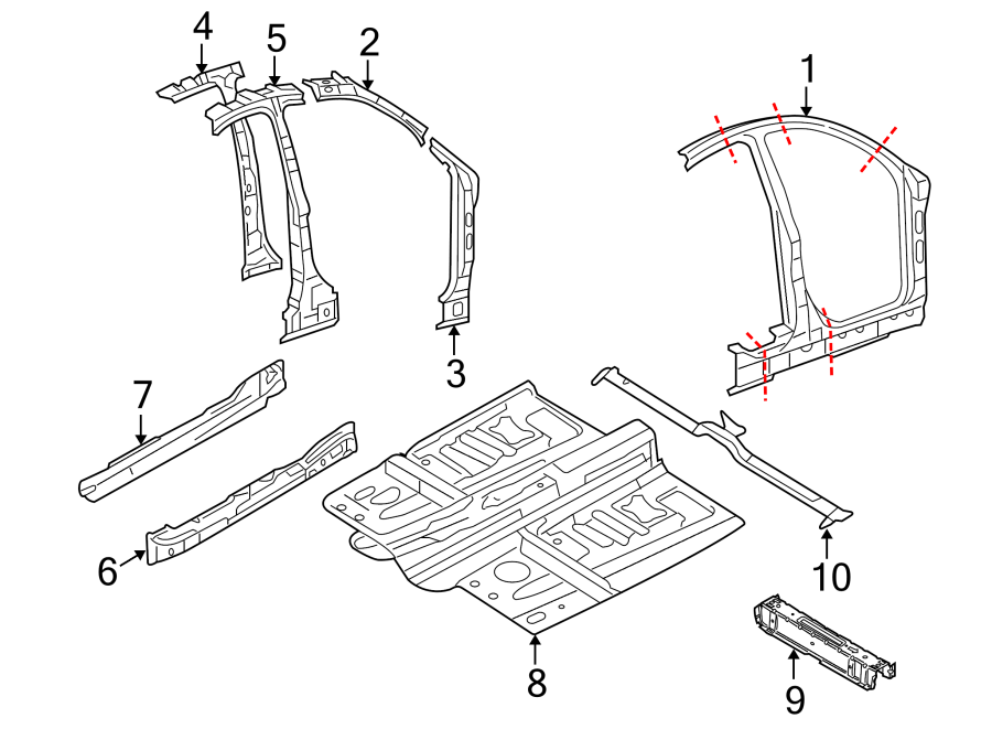 Diagram PILLARS. ROCKER & FLOOR. APERTURE PANEL. CENTER PILLAR & ROCKER. HINGE PILLAR. for your 2021 Ford Transit-350  PTV Standard Cargo Van 
