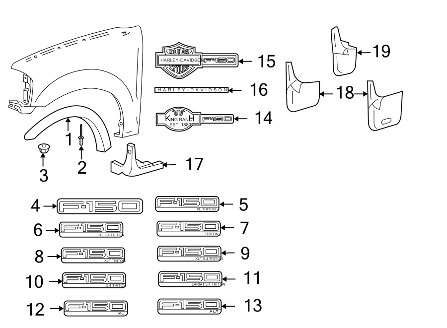 Diagram FENDER. EXTERIOR TRIM. for your Ford