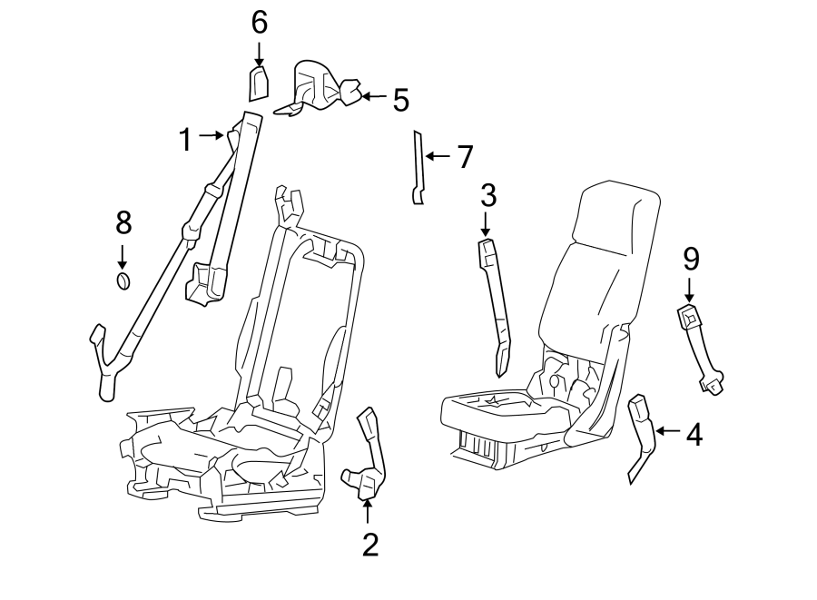 Diagram RESTRAINT SYSTEMS. FRONT SEAT BELTS. for your 2014 Ford F-150 5.0L V8 FLEX A/T 4WD STX Extended Cab Pickup Fleetside 