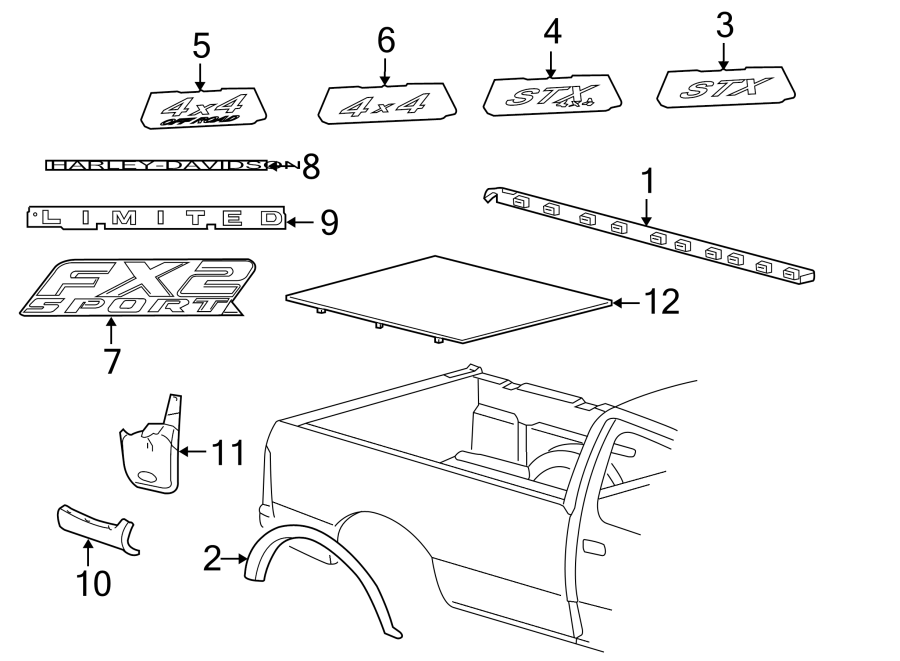 Diagram PICK UP BOX. EXTERIOR TRIM. for your 2007 Ford F-150 5.4L Triton V8 A/T 4WD Harley-Davidson Edition Crew Cab Pickup Fleetside 