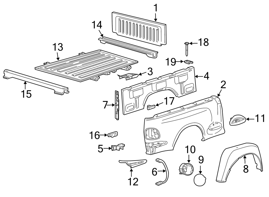 Diagram Pick up box. Box assembly. Floor. Front & side panels. for your Ford