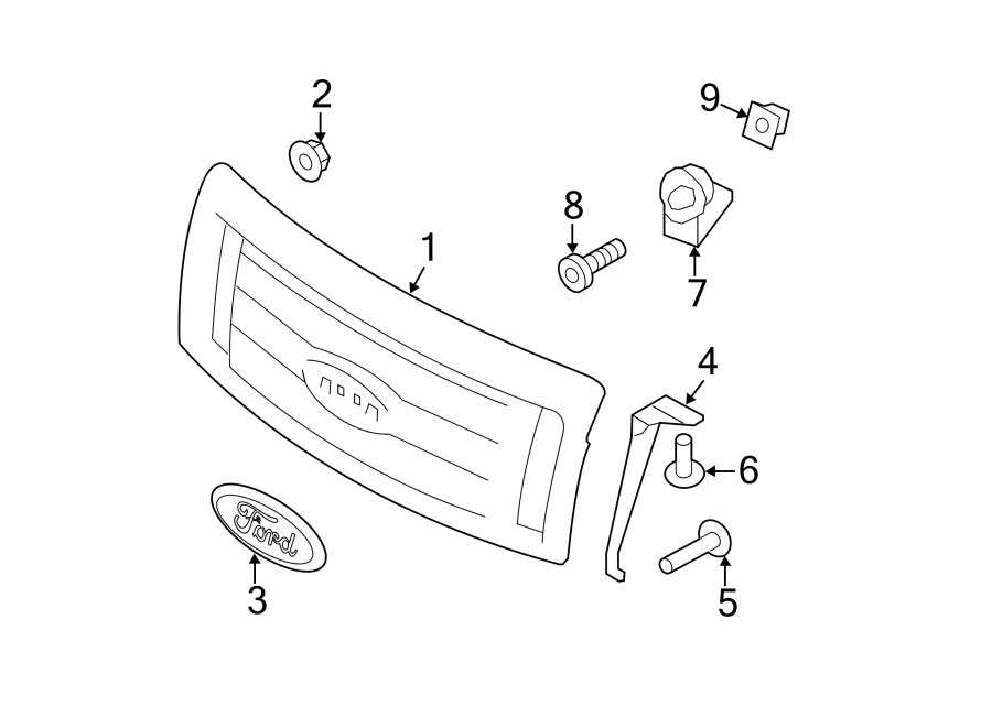 Diagram HOOD & GRILLE. GRILLE & COMPONENTS. for your Ford