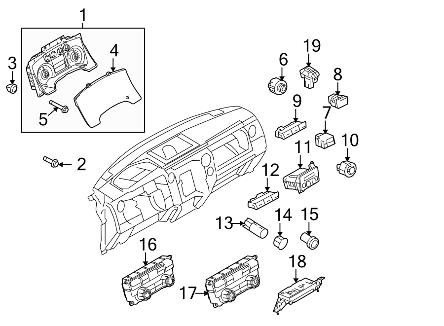 Diagram Instrument panel. Cluster & switches. for your 2012 Ford F-150 3.5L EcoBoost V6 A/T RWD XLT Crew Cab Pickup Fleetside 