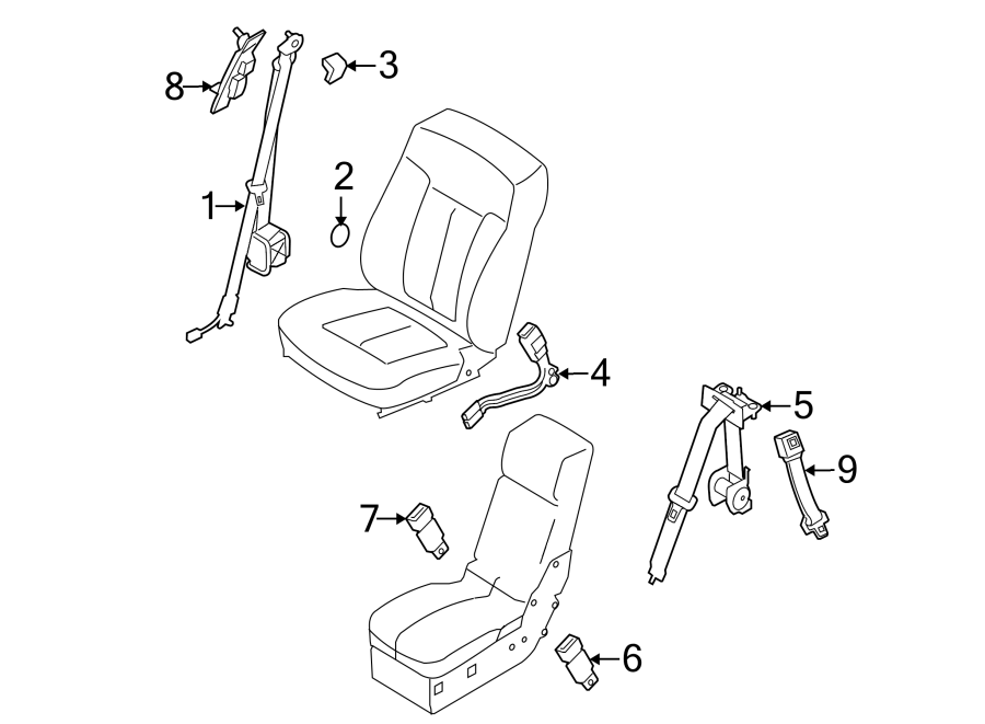 Diagram RESTRAINT SYSTEMS. FRONT SEAT BELTS. for your 2010 Ford F-150 5.4L Triton V8 FLEX A/T RWD Harley-Davidson Edition Crew Cab Pickup Fleetside 