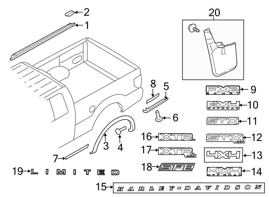 Diagram PICK UP BOX. EXTERIOR TRIM. for your Ford