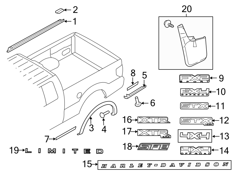 Diagram PICK UP BOX. EXTERIOR TRIM. for your Ford