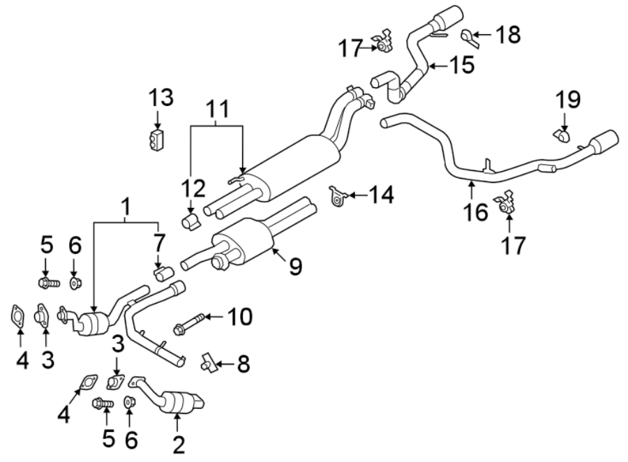 Diagram Exhaust system. Exhaust components. for your 2019 Ford F-150 5.0L V8 FLEX A/T RWD XLT Extended Cab Pickup Fleetside 