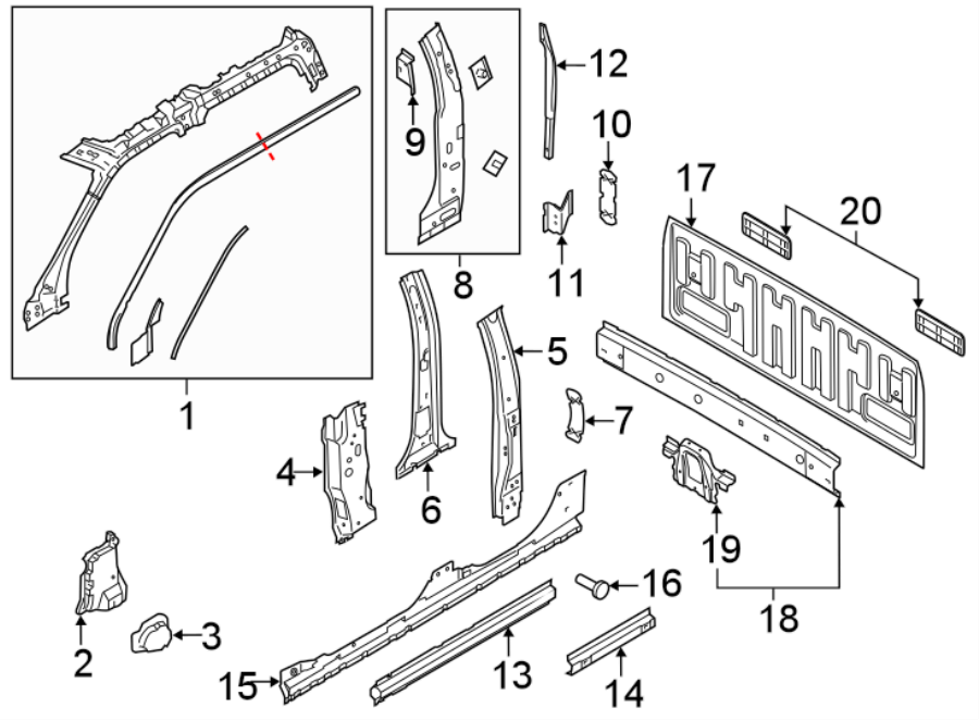 Diagram BACK PANEL. HINGE PILLAR. for your Ford F-150  