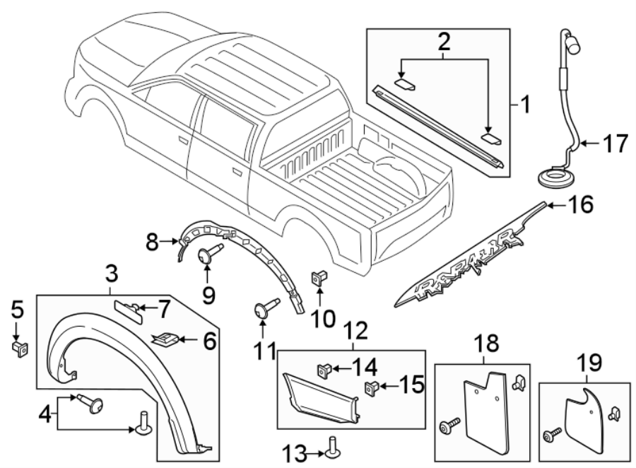 Diagram PICK UP BOX. EXTERIOR TRIM. for your Ford