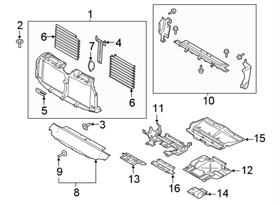 Diagram RADIATOR SUPPORT. SPLASH SHIELDS. for your Ford F-150  