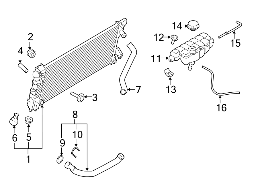 Diagram RADIATOR & COMPONENTS. for your Ford