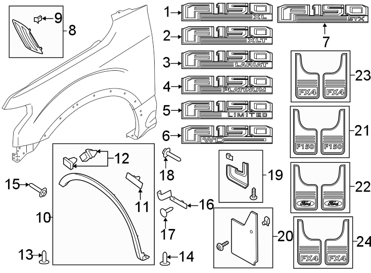 Diagram FENDER. EXTERIOR TRIM. for your 2019 Ford F-150 3.0L Power-Stroke V6 DIESEL A/T 4WD Platinum Crew Cab Pickup Fleetside 