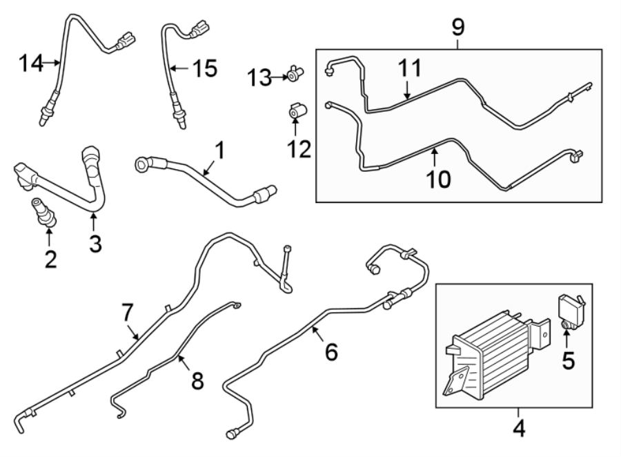 Diagram EMISSION SYSTEM. EMISSION COMPONENTS. for your 2019 Ford F-150 5.0L V8 FLEX A/T 4WD King Ranch Crew Cab Pickup Fleetside 