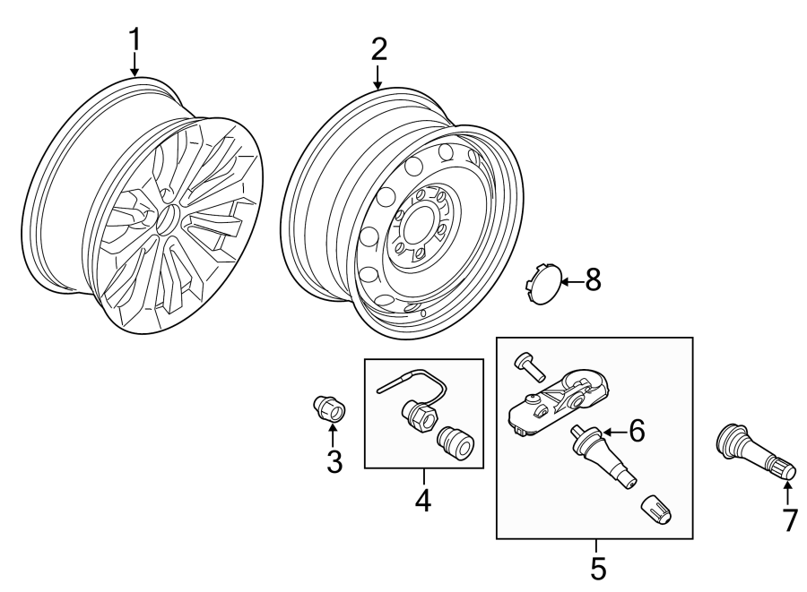 Diagram WHEELS. for your 2024 Ford F-150 5.0L V8 FLEX A/T RWD XL Extended Cab Pickup Fleetside 