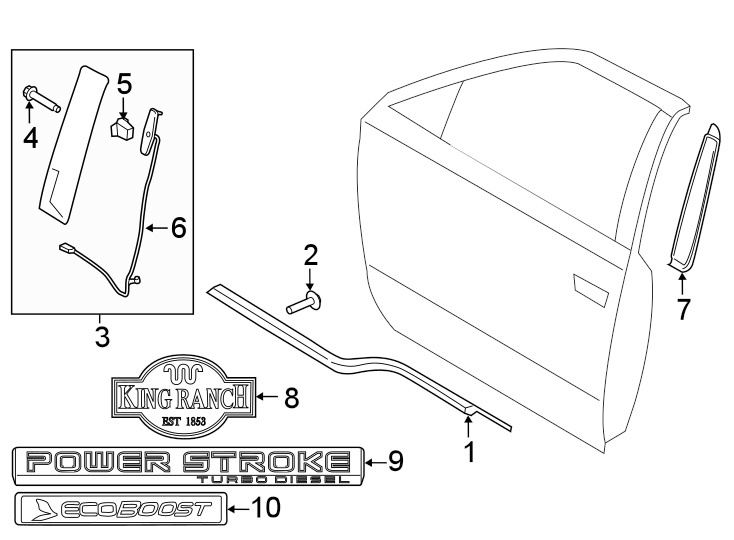 Diagram FRONT DOOR. EXTERIOR TRIM. for your 2007 Ford F-250 Super Duty   