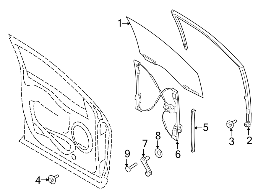 Diagram Front door. Glass & hardware. for your 2006 Ford F-150 5.4L Triton V8 FLEX A/T 4WD FX4 Standard Cab Pickup Fleetside 