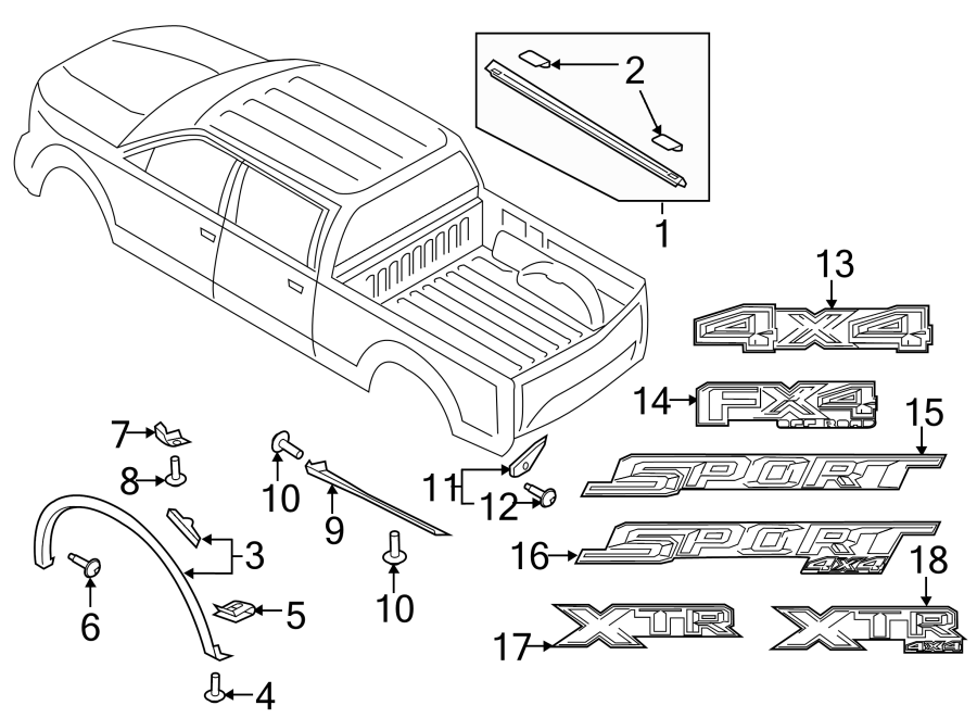 Diagram PICK UP BOX. EXTERIOR TRIM. for your Ford