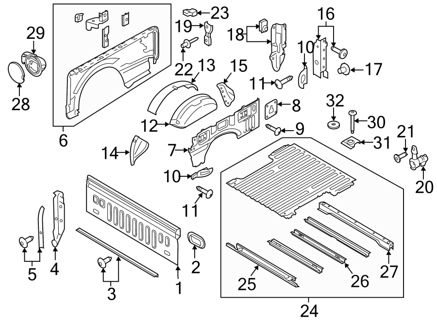 Diagram Pick up box. Rear lamps. Box assembly. Front & side panels. for your Ford