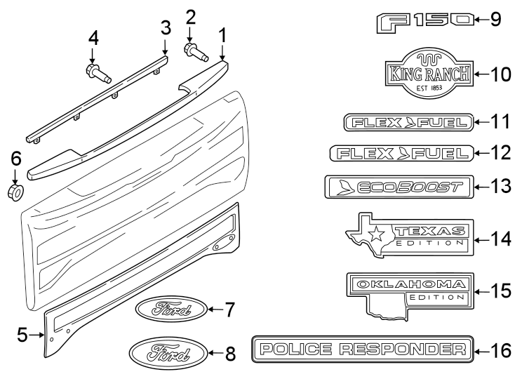 Diagram TAIL GATE. EXTERIOR TRIM. for your 2016 Ford F-150 2.7L EcoBoost V6 A/T RWD XLT Crew Cab Pickup Fleetside 