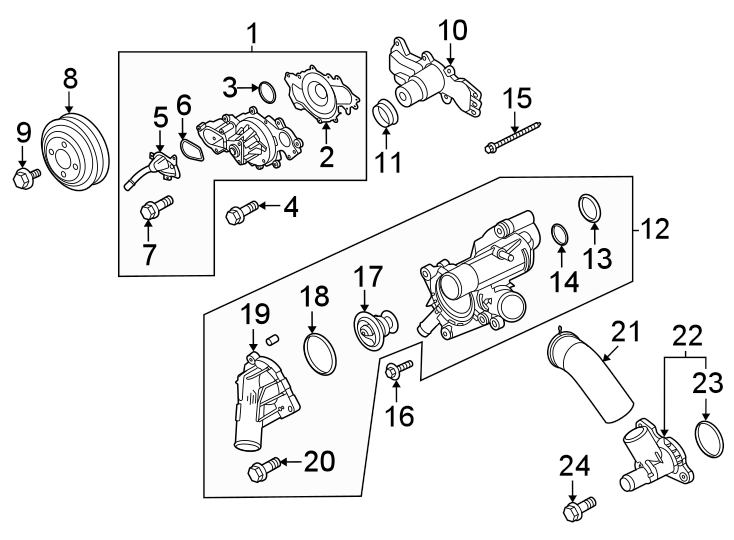 Diagram Water pump. for your 2021 Ford F-150 3.5L PowerBoost V6 FULL HYBRID EV-GAS (FHEV) A/T RWD Limited Crew Cab Pickup Fleetside 