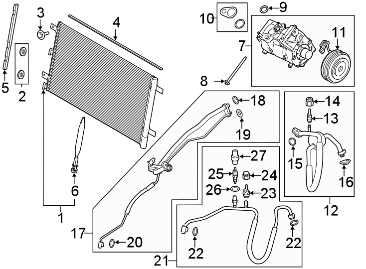 Diagram Air conditioner & heater. Side loading door. Compressor & lines. Condenser. for your 2017 Ford Focus   