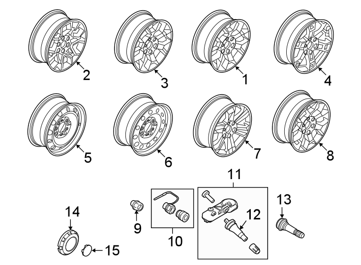 Diagram Wheels. for your 2024 Ford F-150 5.0L V8 FLEX A/T RWD XL Extended Cab Pickup Fleetside 