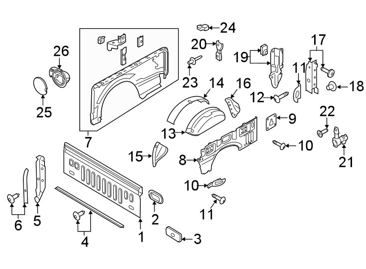 Diagram Pick up box. Front & side panels. for your Ford