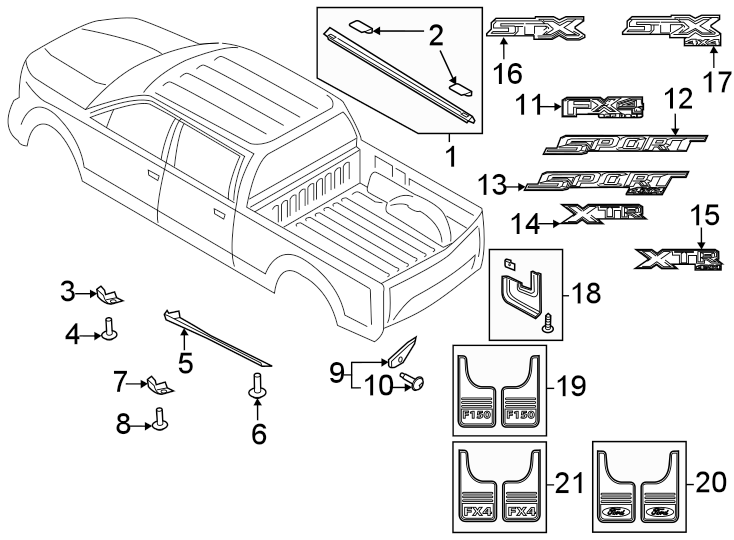 Diagram Pick up box. Exterior trim. for your 2010 Ford F-150 5.4L Triton V8 FLEX A/T RWD Harley-Davidson Edition Crew Cab Pickup Fleetside 