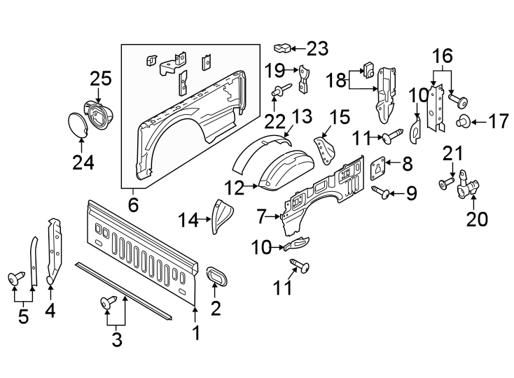 Diagram Pick up box. Box assembly. Front & side panels. for your 2017 Ford F-350 Super Duty 6.7L Power-Stroke V8 DIESEL A/T 4WD XLT Extended Cab Pickup Fleetside 