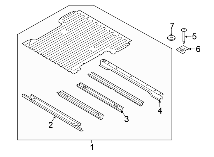 Diagram Pick up box. Floor & rails. for your 2024 Ford F-150 2.7L EcoBoost V6 A/T 4WD XL Extended Cab Pickup Fleetside 