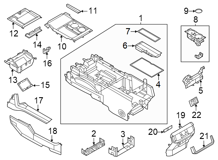 Diagram Lower console. trim F. trim J. trim Q. W/CARBON pkg. W/O carbon pkg. W/O wireless charge. W/WIRELESS charge. for your Ford F-150  