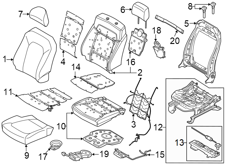 Diagram Non locking. Passenger seat components. Perforated leather. Seat back. Seat cushion. W/CONTOUR seat. W/O contour seat. for your 2005 Ford Expedition   