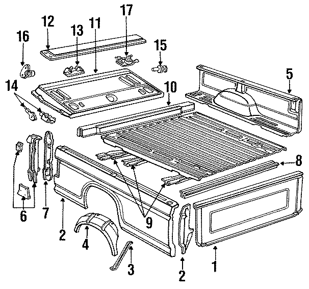 Diagram PICK UP BOX. FLOOR. FRONT & SIDE PANELS. TAIL GATE. for your 2013 Ford F-150 3.5L EcoBoost V6 A/T RWD XLT Extended Cab Pickup Fleetside 