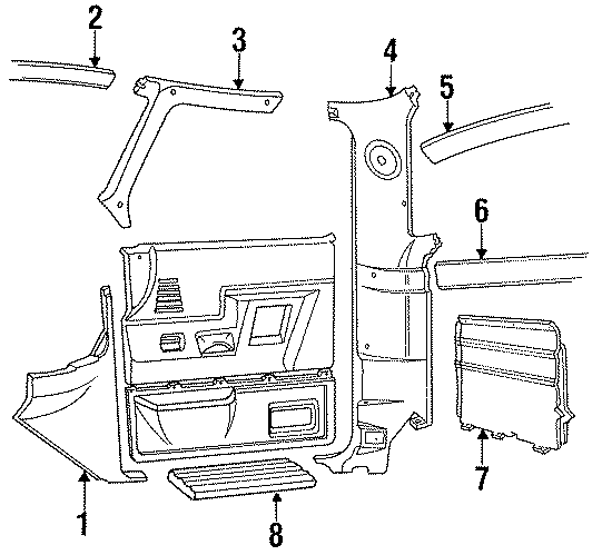 Diagram INTERIOR TRIM. for your 1992 Ford F-150 5.8L HO V8 A/T RWD Custom Extended Cab Pickup Stepside 