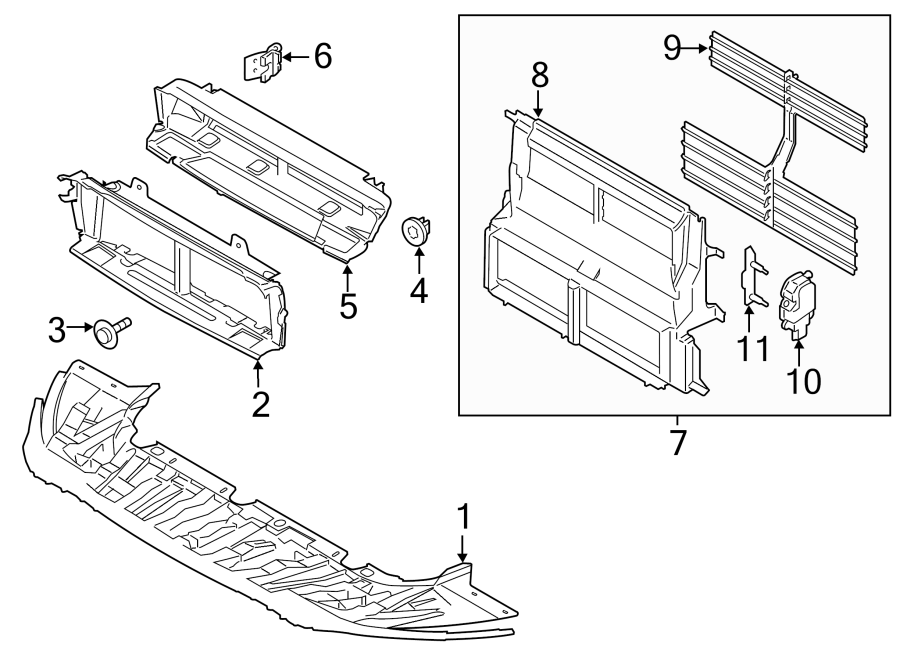 Diagram RADIATOR SUPPORT. SPLASH SHIELDS. for your Ford